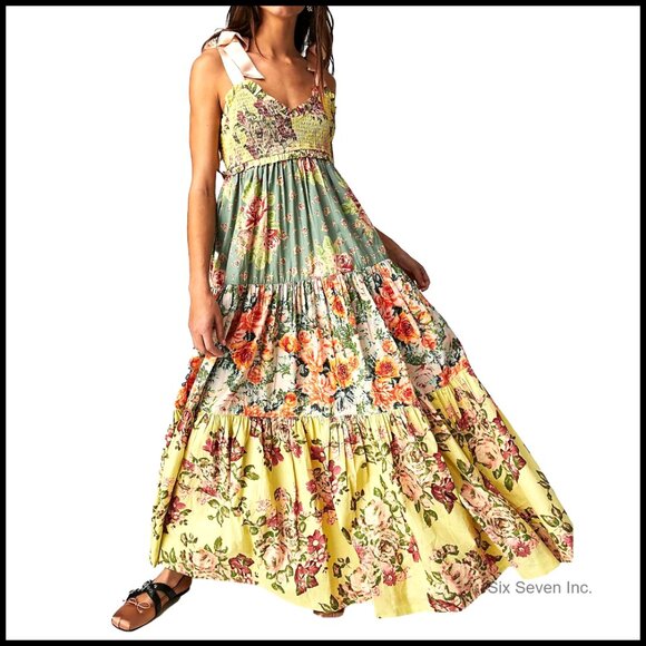 Dresses & Skirts - Polyester Floral Maxi Dress Smocked Bodice Tie Shoulder Pockets Boho